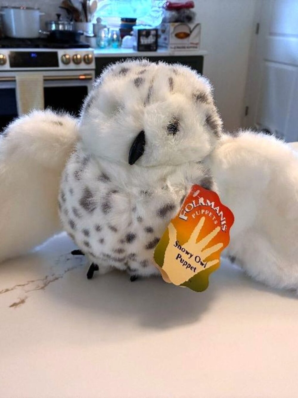 Folkmanis Snow Owl Hand Puppet Swivel Head White Gray Soft Plush New w/ Ta